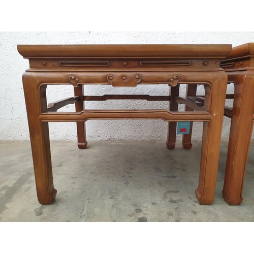 100 - A Pair of Chinese Elm Side Tables with Square Caned Tops (60cm x H:53cm) (Ref: FUR 563)