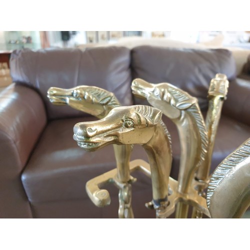 17 - Brass Fireside Companion Set with Horse Head Handles on Stand (Overall H:83cm)