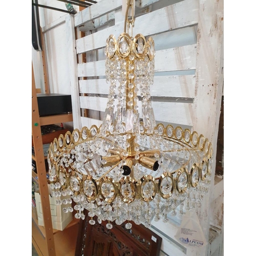 1 - Chandelier; Gold Tone 3-Rings and Qty of Hanging Crystal Effect Decorations with 6-Spot / Lights