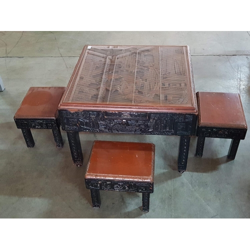 242 - Sculpted Coffee Table with 4 x Folding in Chinese Pattern Table (Square 73cm x 73cm x 53cm with Glas... 