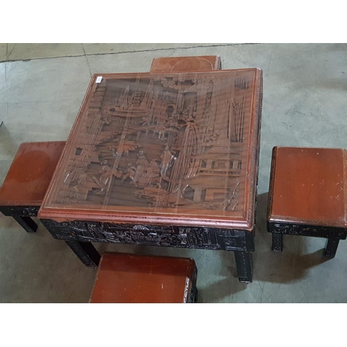 242 - Sculpted Coffee Table with 4 x Folding in Chinese Pattern Table (Square 73cm x 73cm x 53cm with Glas... 