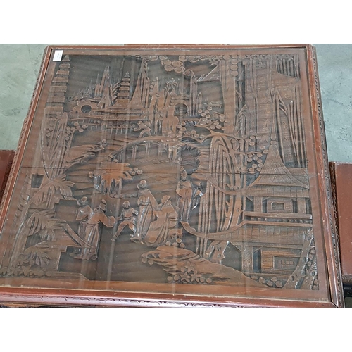 242 - Sculpted Coffee Table with 4 x Folding in Chinese Pattern Table (Square 73cm x 73cm x 53cm with Glas... 