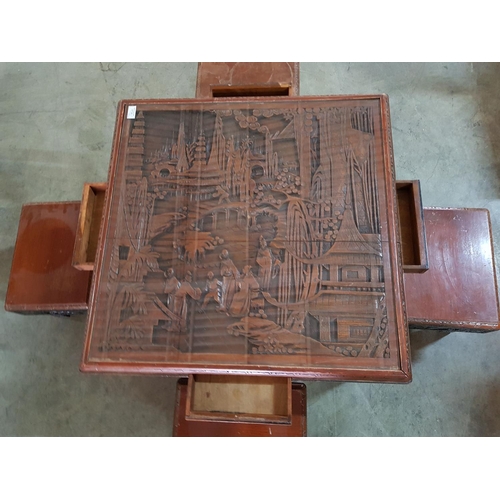 242 - Sculpted Coffee Table with 4 x Folding in Chinese Pattern Table (Square 73cm x 73cm x 53cm with Glas... 