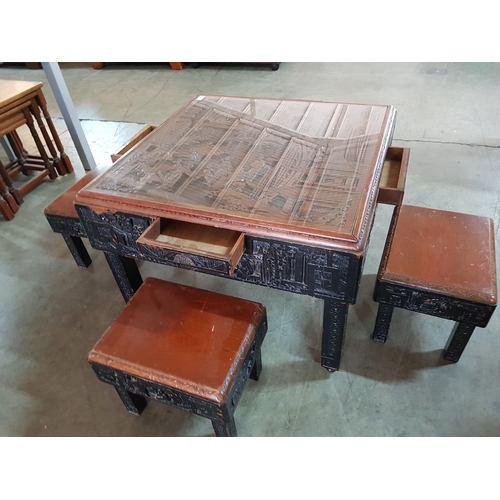 242 - Sculpted Coffee Table with 4 x Folding in Chinese Pattern Table (Square 73cm x 73cm x 53cm with Glas... 