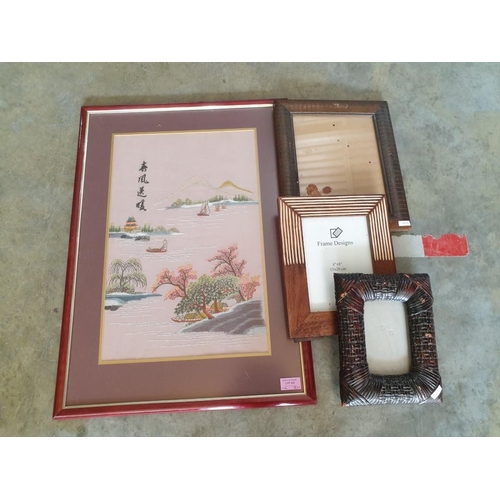 893 - Oriental Style Embroidery Framed Pictures, together with 3 x Picture Frames (4)