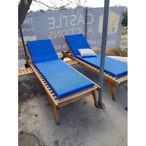 240 - 2 x Teak Wood Sunbeds with Slide-Out Drinks Tray and Blue Vinyl Cushions