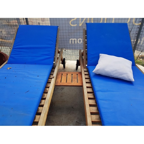 240 - 2 x Teak Wood Sunbeds with Slide-Out Drinks Tray and Blue Vinyl Cushions