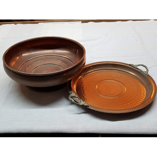 124 - Vintage Style Traditional Mediterranean Copper Dish (Ø23cm) and Tray with Decorative Brass Handles (... 