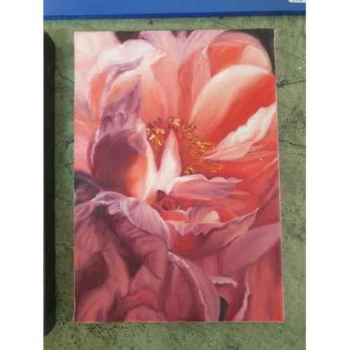 104 - 2 x Oil on Canvas Painting of Flowers by George Michaelides Saad, Together with Wall Mirror in Woode... 