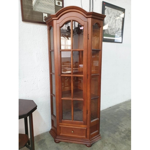 131 - Dark Wood Classical Style Corner Display Cabinet with Arched Top, 3 - Wooden Shelves, Drawer in the ... 