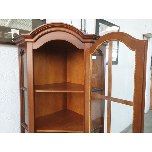 131 - Dark Wood Classical Style Corner Display Cabinet with Arched Top, 3 - Wooden Shelves, Drawer in the ... 