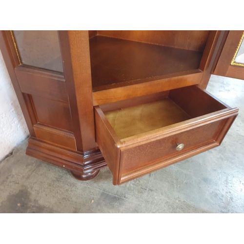 131 - Dark Wood Classical Style Corner Display Cabinet with Arched Top, 3 - Wooden Shelves, Drawer in the ... 