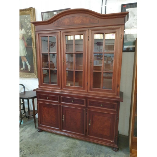 132 - Dark Wood Classical Style Display Cabinet with Arched Top, 3 - Glazed Doors, 2 - Wooden Shelves, Ove... 