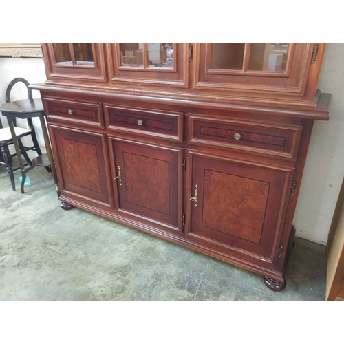 132 - Dark Wood Classical Style Display Cabinet with Arched Top, 3 - Glazed Doors, 2 - Wooden Shelves, Ove... 