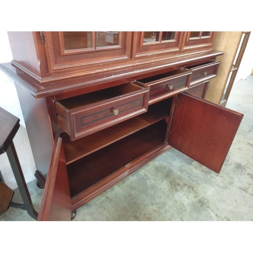 132 - Dark Wood Classical Style Display Cabinet with Arched Top, 3 - Glazed Doors, 2 - Wooden Shelves, Ove... 