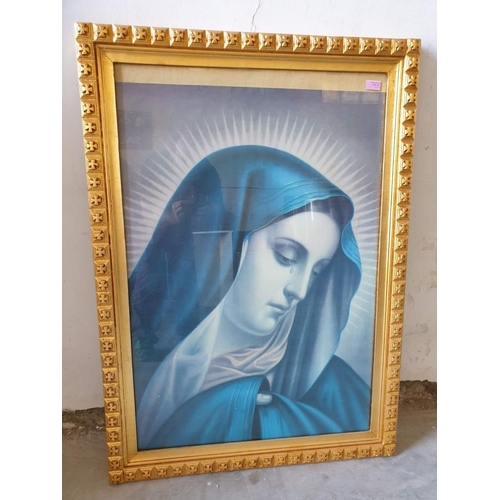 135 - Gold Finish Decorative Carved Wooden Picture Frame with Glass and Poster of Mary (80cm x 112cm)