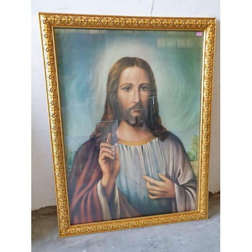 137 - Large Gold Finished Decorative Carved Wood Pictures Frame with Poster of Jesus (Glass A/F) (114cm x ... 