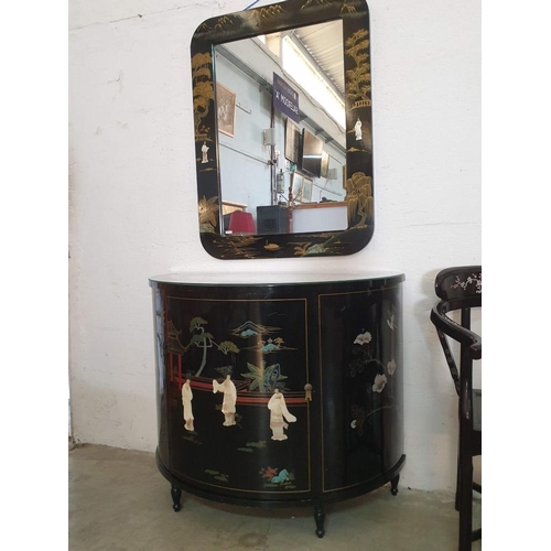 141 - Demi Lune / Half Round Chinese Black Lacquered Cupboard, Decorated with Birds, & Flowers on Top (wit... 