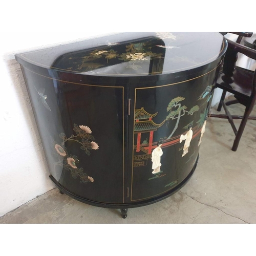 141 - Demi Lune / Half Round Chinese Black Lacquered Cupboard, Decorated with Birds, & Flowers on Top (wit... 