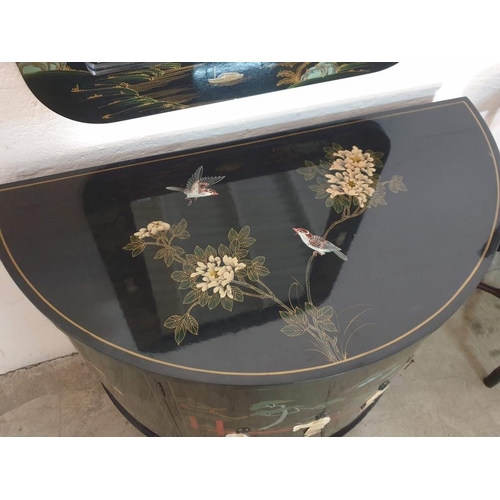 141 - Demi Lune / Half Round Chinese Black Lacquered Cupboard, Decorated with Birds, & Flowers on Top (wit... 
