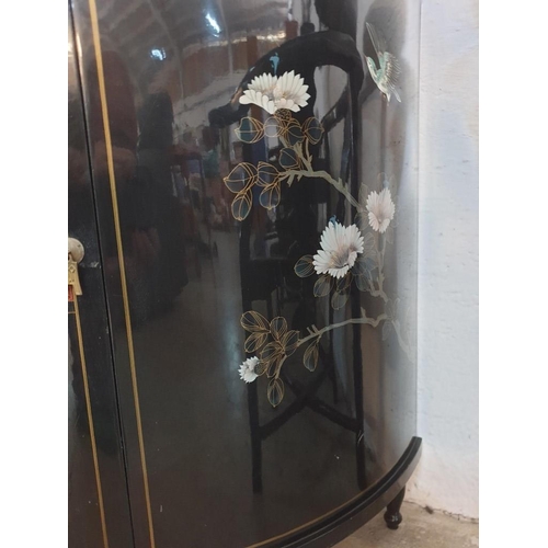 141 - Demi Lune / Half Round Chinese Black Lacquered Cupboard, Decorated with Birds, & Flowers on Top (wit... 