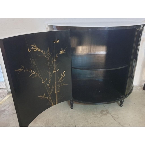 141 - Demi Lune / Half Round Chinese Black Lacquered Cupboard, Decorated with Birds, & Flowers on Top (wit... 