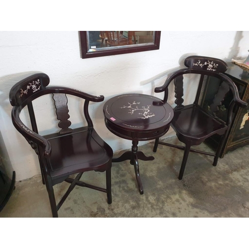 142 - Black Lacquered Chinese Drum Table with Drawer, Turned Tripod Leg and Inlaid Mother of Pearl Effect ... 