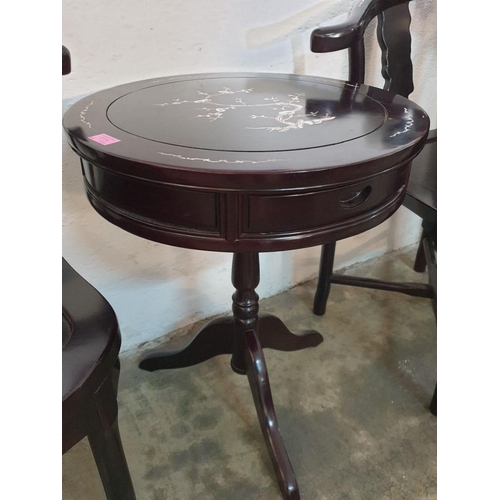 142 - Black Lacquered Chinese Drum Table with Drawer, Turned Tripod Leg and Inlaid Mother of Pearl Effect ... 