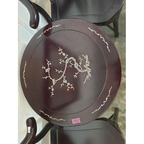 142 - Black Lacquered Chinese Drum Table with Drawer, Turned Tripod Leg and Inlaid Mother of Pearl Effect ... 