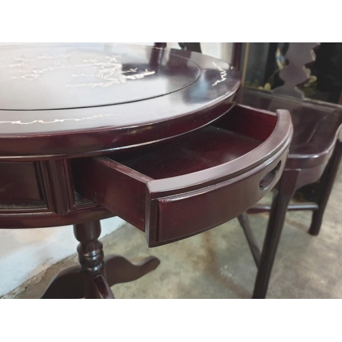142 - Black Lacquered Chinese Drum Table with Drawer, Turned Tripod Leg and Inlaid Mother of Pearl Effect ... 