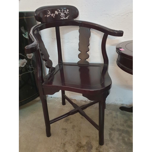 142 - Black Lacquered Chinese Drum Table with Drawer, Turned Tripod Leg and Inlaid Mother of Pearl Effect ... 