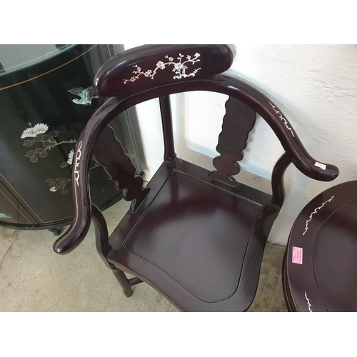 142 - Black Lacquered Chinese Drum Table with Drawer, Turned Tripod Leg and Inlaid Mother of Pearl Effect ... 