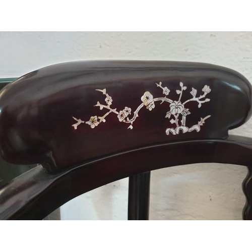 142 - Black Lacquered Chinese Drum Table with Drawer, Turned Tripod Leg and Inlaid Mother of Pearl Effect ... 