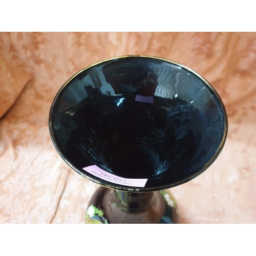 143 - Oriental Style Black Glass Vase with Bird Decoration (H:36cm)