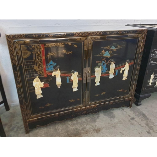 144 - Black Lacquered Chinese Cupboard Decorated on the Top, Front and Sides with Mother of Pearl Effect F... 