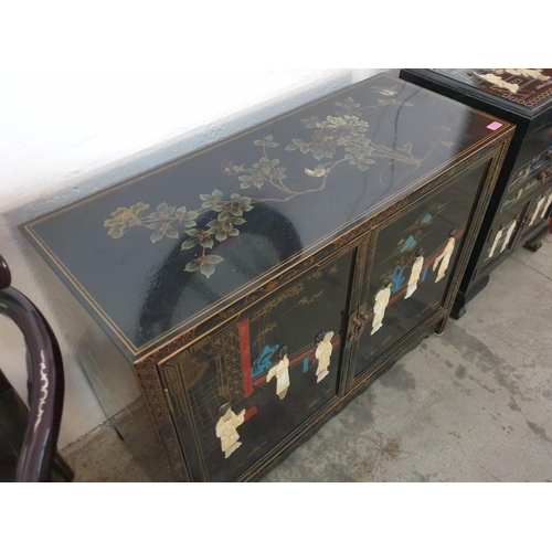 144 - Black Lacquered Chinese Cupboard Decorated on the Top, Front and Sides with Mother of Pearl Effect F... 