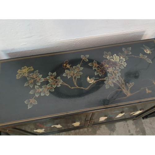144 - Black Lacquered Chinese Cupboard Decorated on the Top, Front and Sides with Mother of Pearl Effect F... 