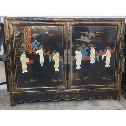 144 - Black Lacquered Chinese Cupboard Decorated on the Top, Front and Sides with Mother of Pearl Effect F... 