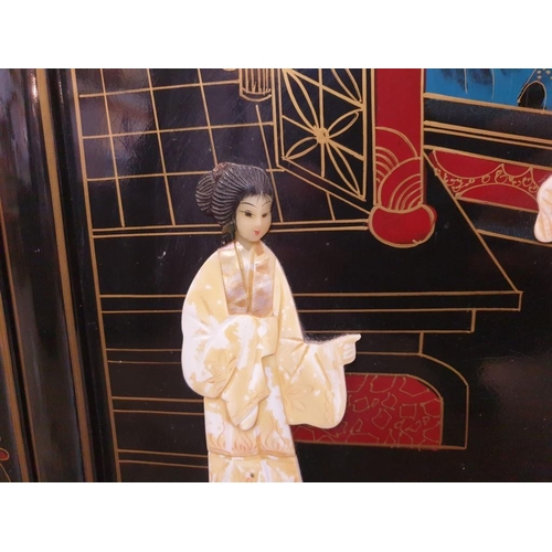 144 - Black Lacquered Chinese Cupboard Decorated on the Top, Front and Sides with Mother of Pearl Effect F... 