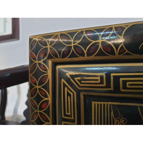 144 - Black Lacquered Chinese Cupboard Decorated on the Top, Front and Sides with Mother of Pearl Effect F... 