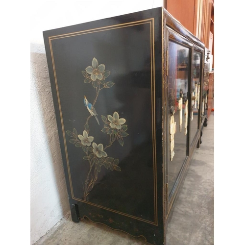 144 - Black Lacquered Chinese Cupboard Decorated on the Top, Front and Sides with Mother of Pearl Effect F... 
