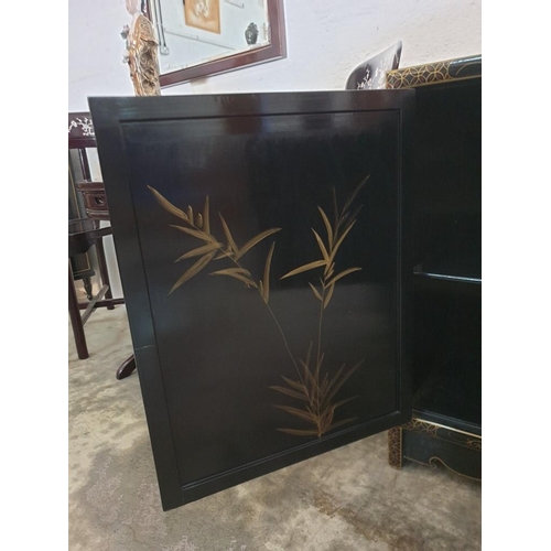 144 - Black Lacquered Chinese Cupboard Decorated on the Top, Front and Sides with Mother of Pearl Effect F... 