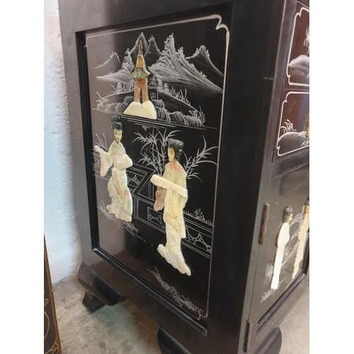 145 - Black Lacquered Chinese Unit with Lift up Top, 2 - Drawers and Cupboards, Decorated on the Top, Fron... 