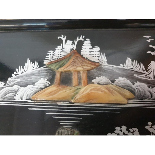145 - Black Lacquered Chinese Unit with Lift up Top, 2 - Drawers and Cupboards, Decorated on the Top, Fron... 