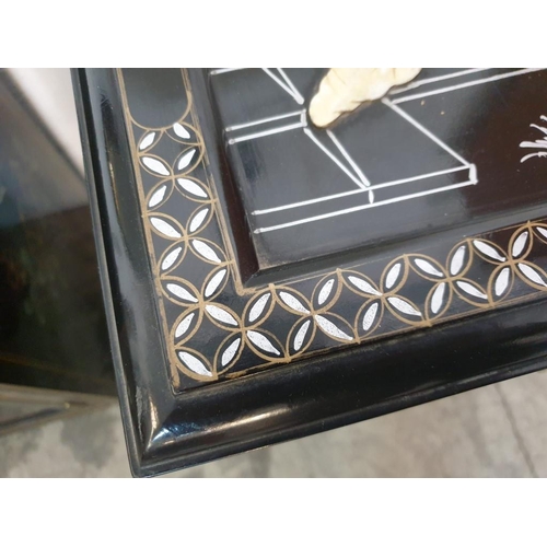 145 - Black Lacquered Chinese Unit with Lift up Top, 2 - Drawers and Cupboards, Decorated on the Top, Fron... 