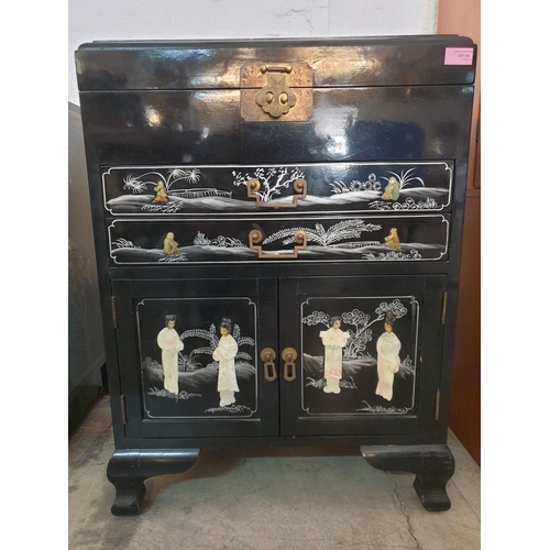 145 - Black Lacquered Chinese Unit with Lift up Top, 2 - Drawers and Cupboards, Decorated on the Top, Fron... 