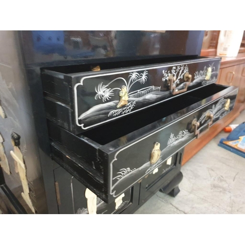 145 - Black Lacquered Chinese Unit with Lift up Top, 2 - Drawers and Cupboards, Decorated on the Top, Fron... 