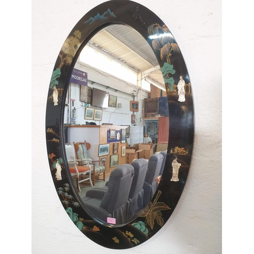 146 - Oval Wall Mirrors with Black Lacquered Chinese Frame, Decorated with Oriental Scenes and Mother of P... 