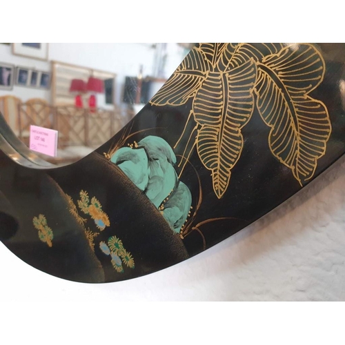 146 - Oval Wall Mirrors with Black Lacquered Chinese Frame, Decorated with Oriental Scenes and Mother of P... 