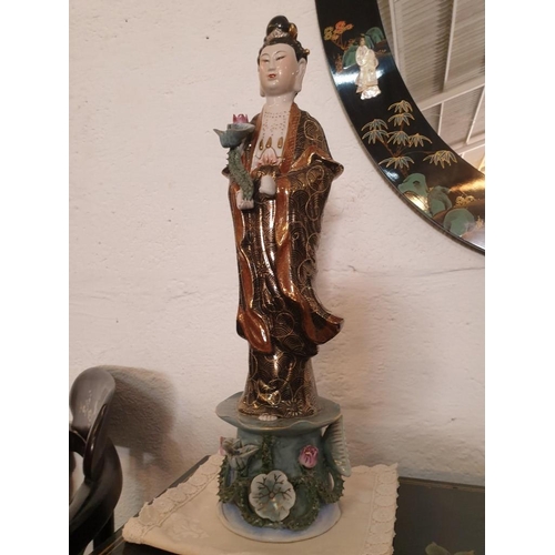 147 - Porcelain Oriental Figure with Cactus and Floral Base, Chinese Stamps Under, Approx H:53cm) (A/F Han... 